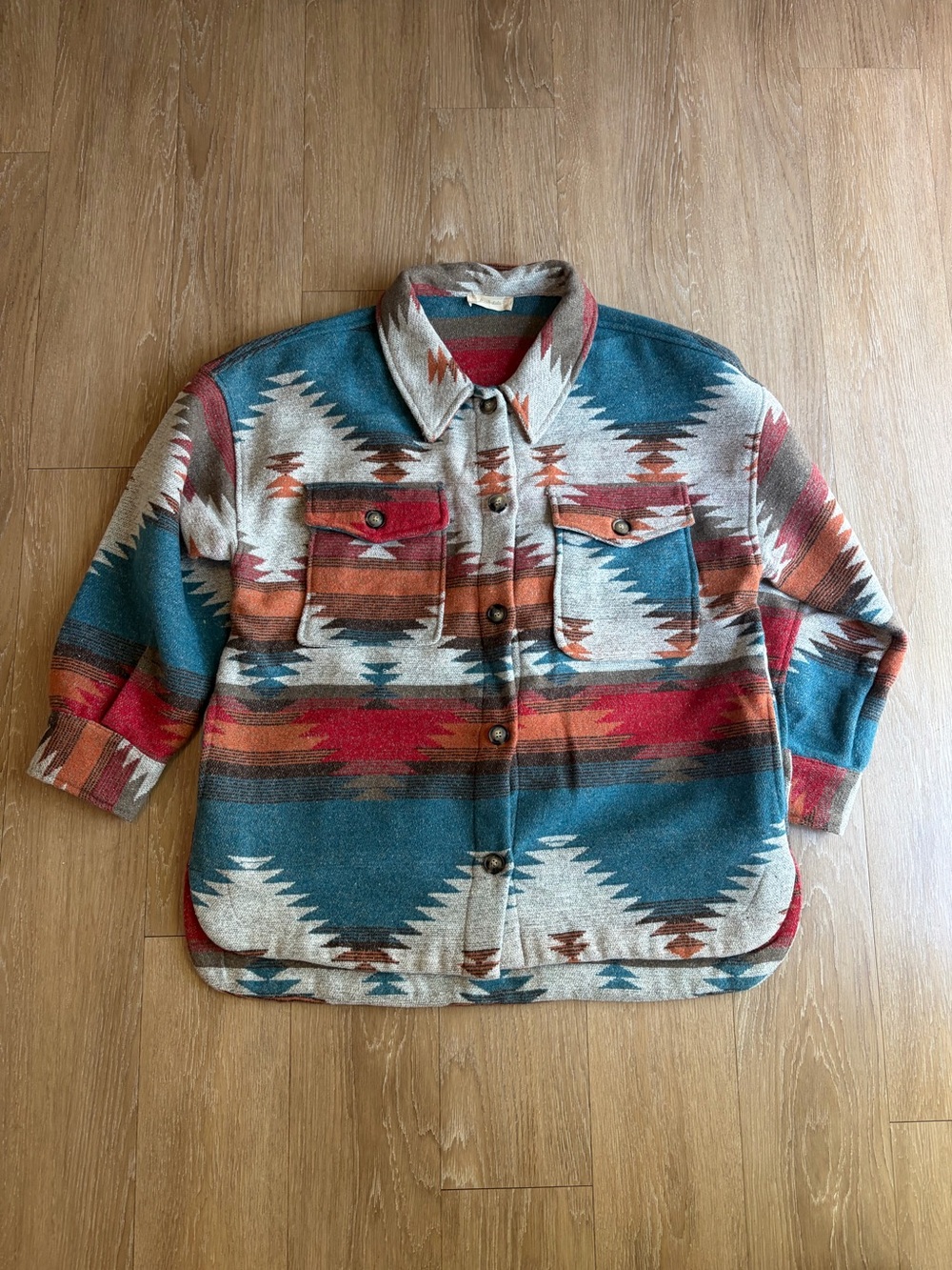 Altar’d State Aztec Pattern Button-Up Jacket/ Shacket in Teal & Rust